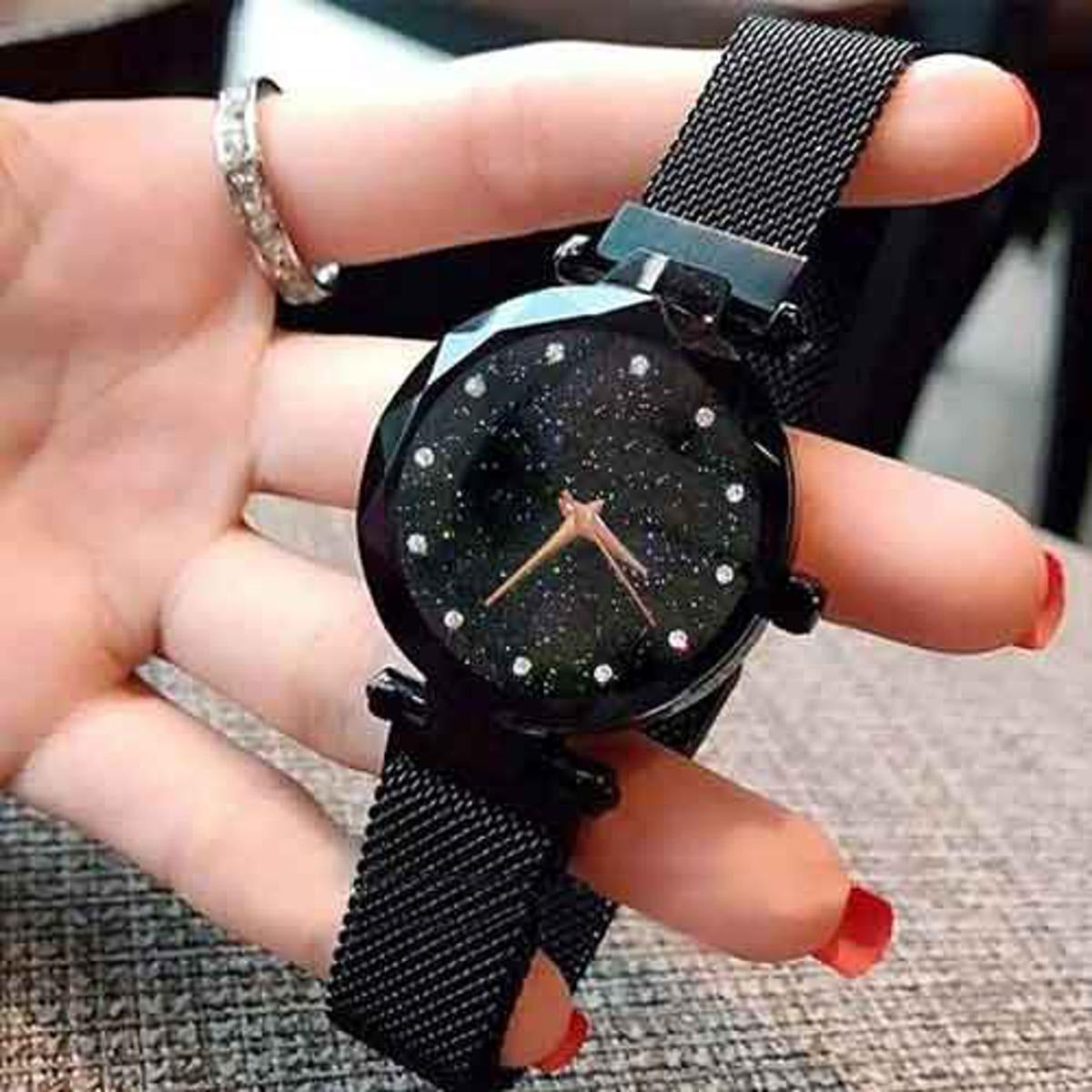 Graceful Glimmer Magnetic Wrist Watch for Ladies,Women & Girls - Luxury Starry Sky Mesh Analog Watch with Magnet Buckle