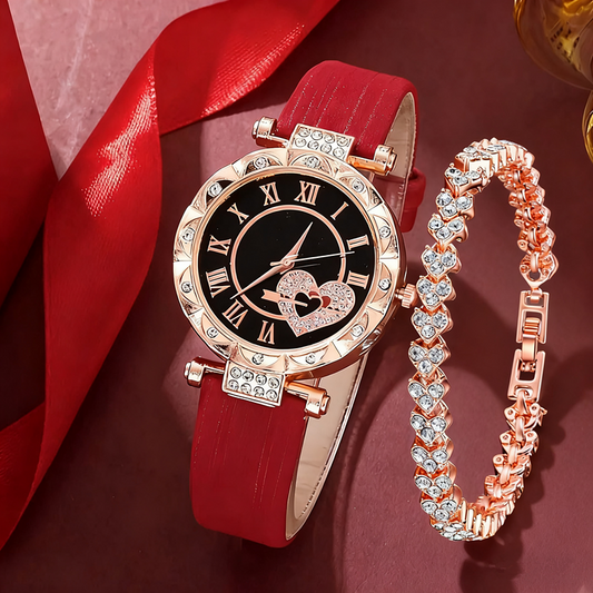 2PCS/Set Watch for girls Silicone Band Women Watches Rhinestone Heart Bracelet Set