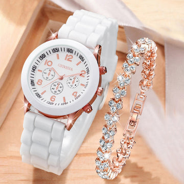 2PCS/Set Watch for girls Silicone Band Women Watches Rhinestone Heart Bracelet Set