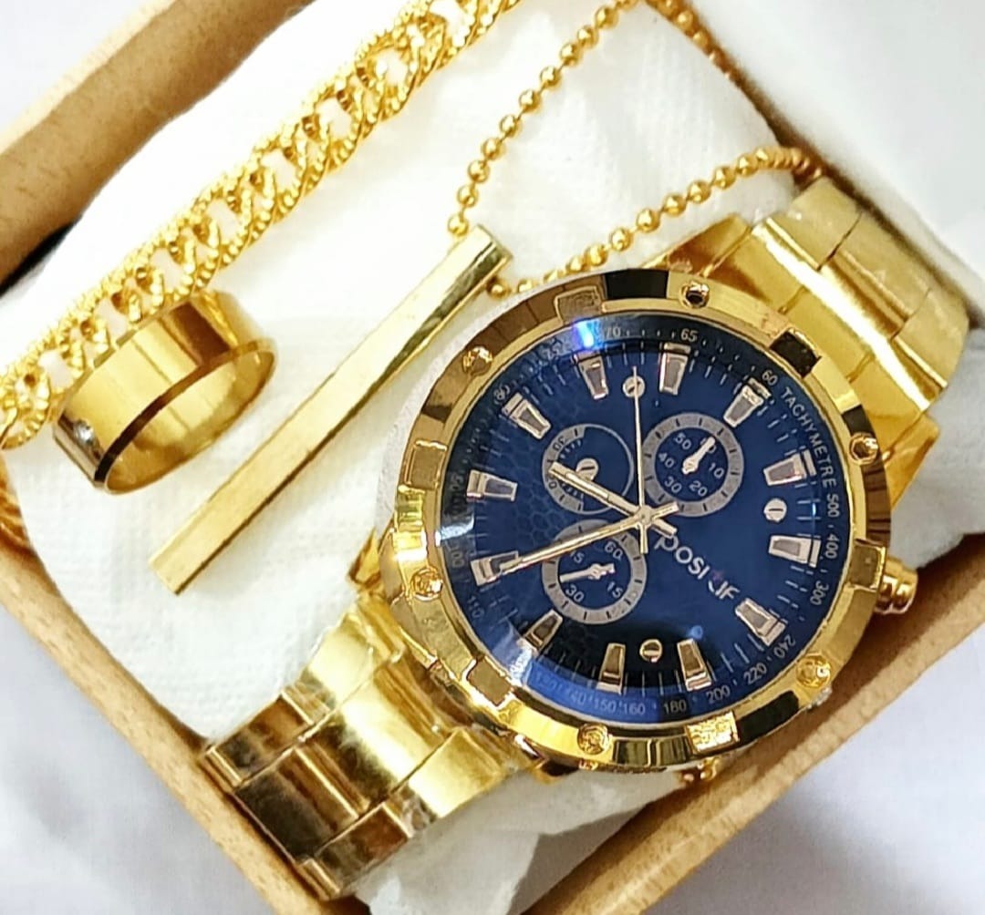 Stylish Steel Strap Round Dial Watch Set (Watch + Chain + Ring) – High Quality