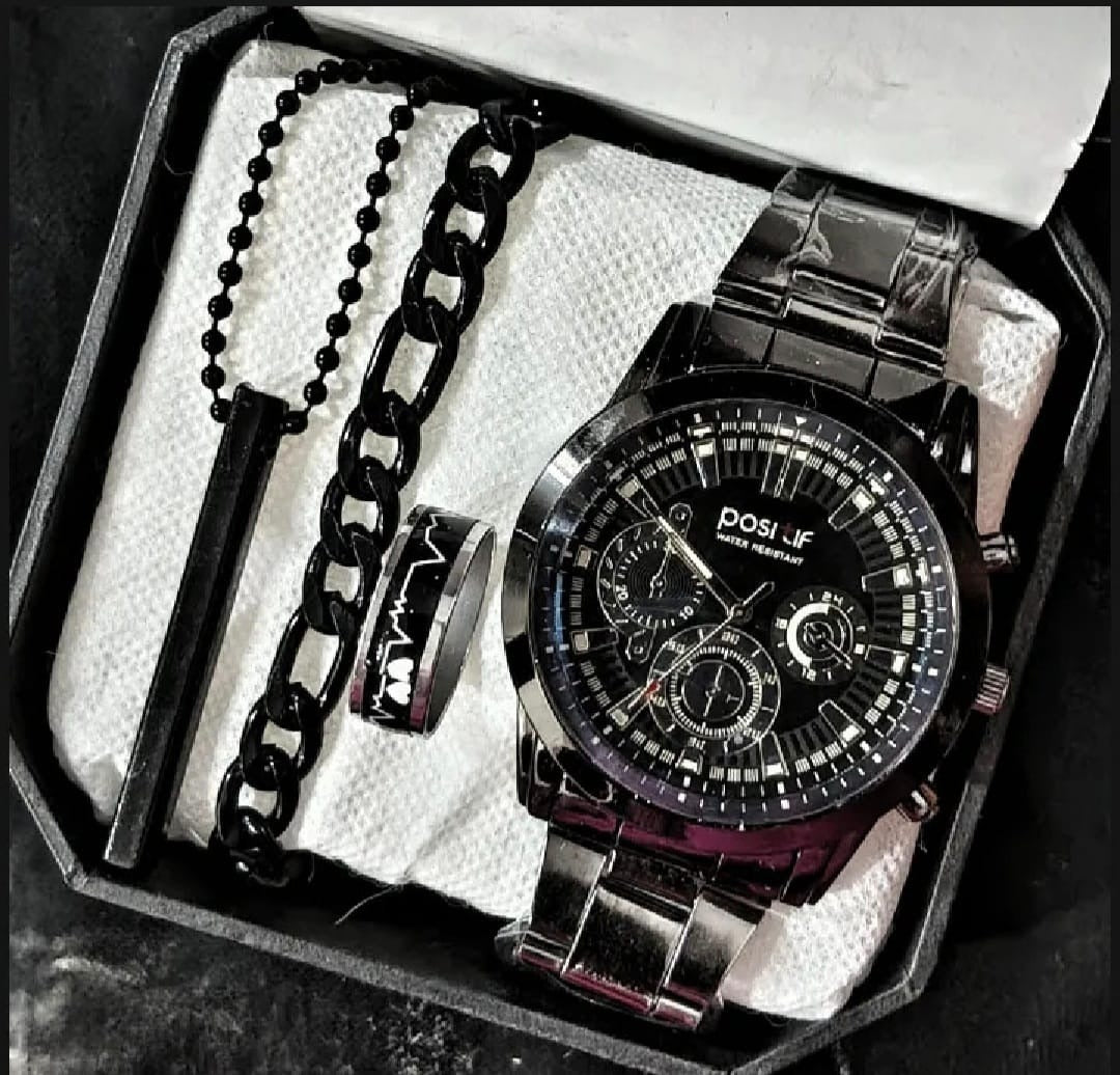 Stylish Steel Strap Round Dial Watch Set (Watch + Chain + Ring) – High Quality