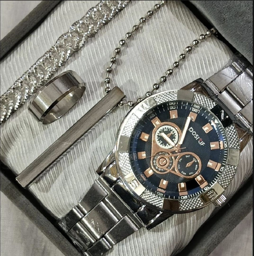 Stylish Steel Strap Round Dial Watch Set (Watch + Chain + Ring) – High Quality